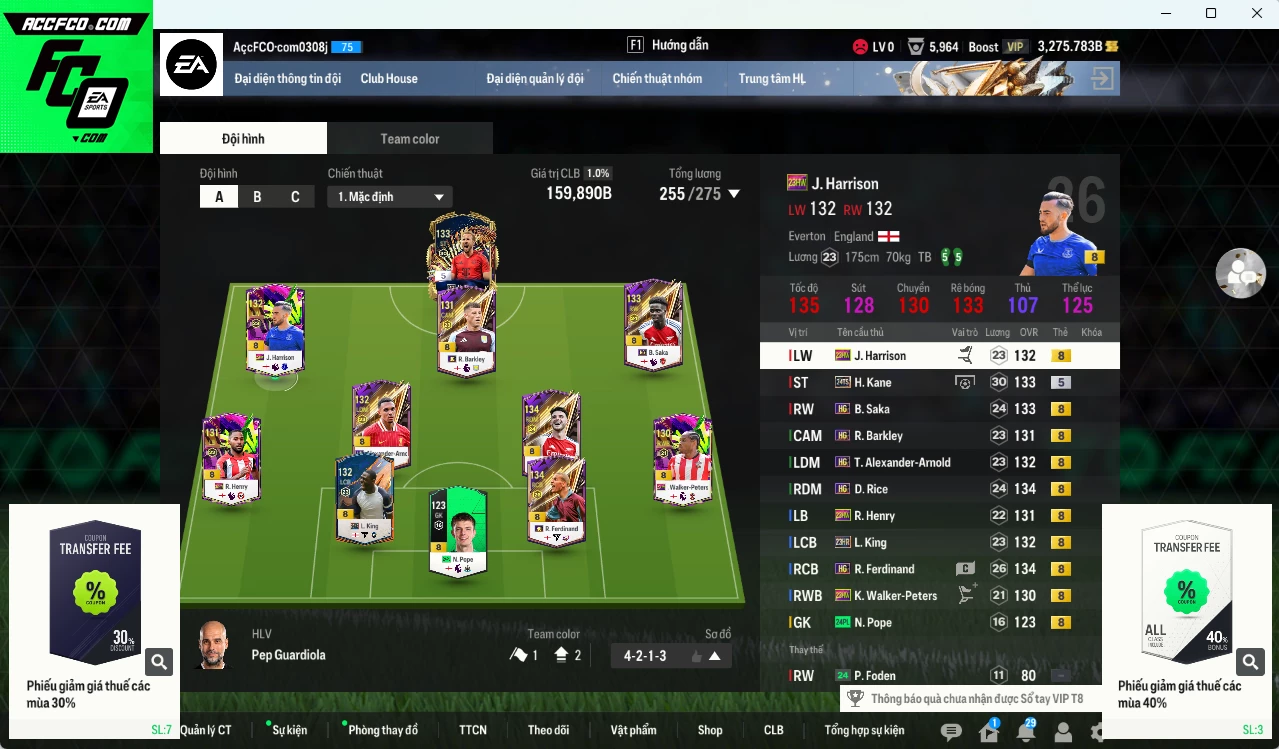 [ACC HSSV] Team Anh 159.890b dư 3200b có Kane 24TS, Ferdinand HG, Arnold HG, Saka HG, Rice HG, Pope 24PL, King 23HR, Harrison 23HW...